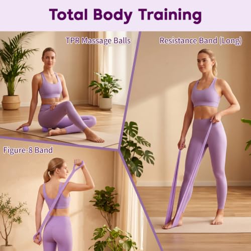 Hoikwo Purple TPE Pilates Kit for Home Workout, Complete Set with Pilates Ring, Resistance Bands, Yoga Ball, TPE Bands, TPR Massage Ball, Sliders, Along with an 8-Shape Band and Non-Slip Socks
