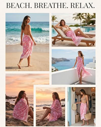 Beach Cover Ups for Women, Cotton Sarong Wrap Pareo | 100% Cotton Sarong Wraps For Women, 73 x 44 In. Pareo Beach Wrap, Bikini Cover Up, Bathing Suit Cover Up, Resort Wear - color: Schauss Pink