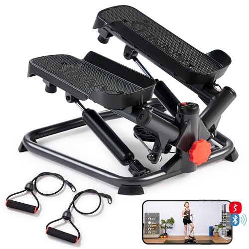 Sunny Health & Fitness Twist Stair Stepper with Resistance Bands | Low-Impact, Side-Twist Motion, Adjustable Step Height, Hydraulic Resistance, SunnyFit App, Up to 350 lb Capacity - color: Black Onyx