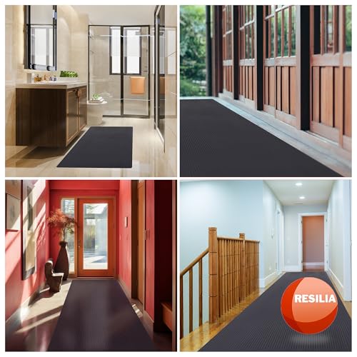 RESILIA Black Plastic Floor Runner - Embossed Wide Rib Waterproof Vinyl, Heavy Duty Protector Mat for Indoor Hardwood, Hard Floors, Garage, Entryway, Kitchen, & Outdoor Use, 27” x 12’, Made in the USA - size: 27" x 12'
