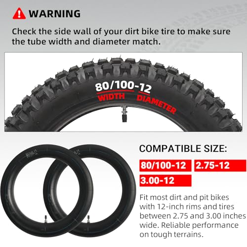 AR-PRO (2-Pack) 80/100-12 Dirt Bike Inner Tubes with TR4 Straight Valve, Replacement Standard Motorcycle Inner Tube 2.75/3.00-12 Heavy Duty, Compatible with Honda CRF70F/XR70, Yamaha TTR 90, and More - size: 2.75/3.00-12 (80/100-12)