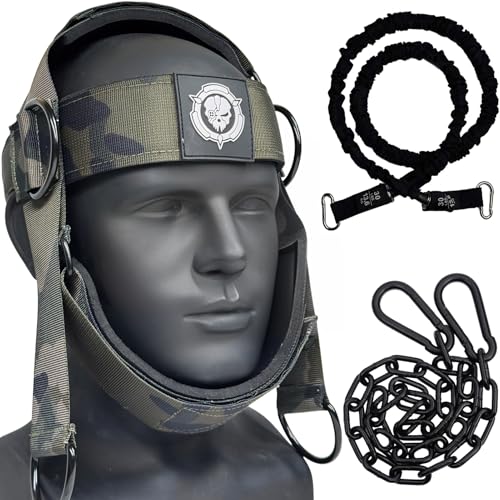 Neck Harness for Increases Neck Core Strength - Neck Exerciser with 30" Heavy Duty Steel Chain for Safely Lifting Weights Up to 280 lbs - color: Military Green Camo