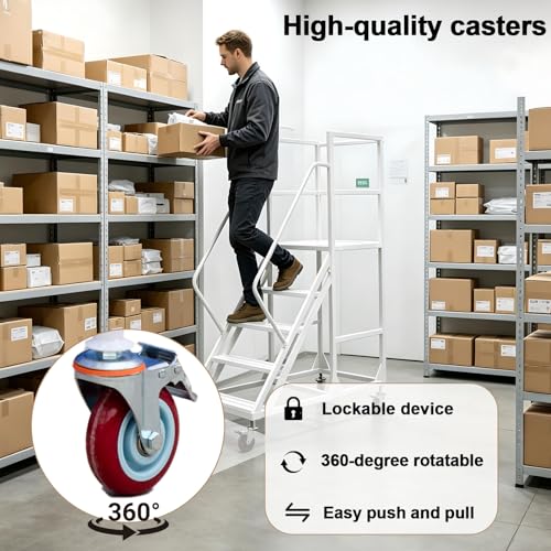 6 Step Rolling Warehouse Step Ladder, Industrial Mobile Staircase on Wheels, 1100Lbs Weight Capacity, Heavy Duty Mobile Platform Ladder with Handrails, Suitable for Warehouse, Library (White, 6 steps) - color: White