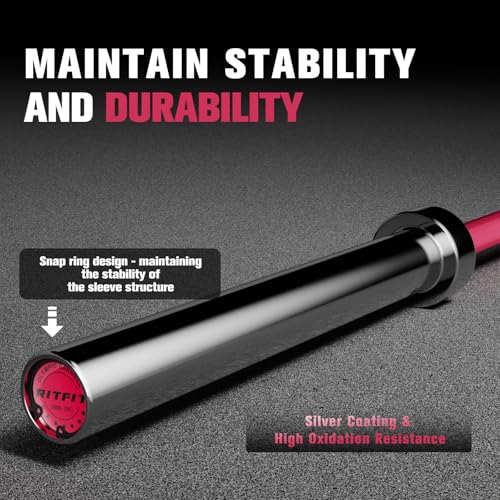 RitFit Elite 7ft Olympic Barbell, Robust 45lb Barbell for Weightlifting and Powerlifting, Superior Olympic Bar with Exceptional 500lbs Load Capacity, Weight Bar for 2” Standard Plates - color: Silver/Pink, size: 7 ft 1200 lb 45 lb without Collar