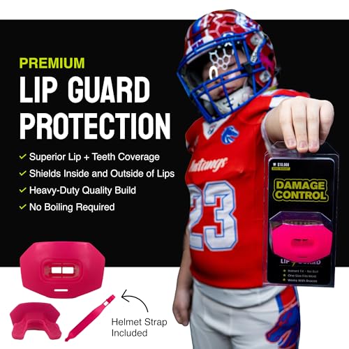 DAMAGE CONTROL Youth Football Mouth Guard – Breathable No Boil Mouthpiece, Protects Lips & Teeth, Works with Braces, Includes Helmet Strap – Sports Gear & Accessories (Hot Pink) - color: Hot Pink