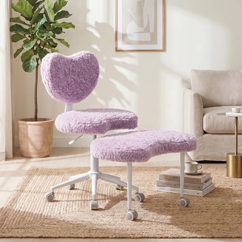 Cross Legged Office Chair with Wheels, 360 Swivel Height-Adjustable Meditation Chair with Lumbar Support, Artificial Rabbit Hair Fabric, Violet - color: Violet, size: Heart Back