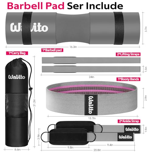 WALITO 8Pcs Barbell Pad Set for Hip Thrust - Squat Pad,Gym Accessories for Women with Bar Bad,Bench Press, with Gym Ankle Straps,Resistance Bands for Working Out,Lifting Strap,Carry Bag - color: Grey