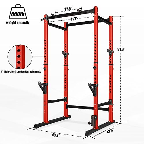 Bongkim Power Rack, Rack Cage for Weight Training, Adjustable Squat Stand Rack for Home Gym Equipment, Lifting Cage with 660lb Capacity - color: Red