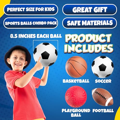 Sports Balls for Kids & Toddlers - (Pack of 4) 5-inch Sports Set Includes Football, Small Size Soccer, Basketball, and Playground Balls, Fun Indoors & Outdoor Toys (Hand Pump Included) - color: Regular, size: 5-Inch