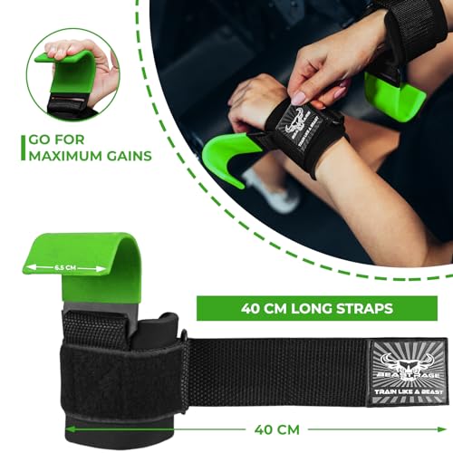 BEAST RAGE Weight Lifting Hooks (Pairs) for Men Anti Slip Durable Coated Grip Wrist Straps for Pull Ups Deadlift Strength Fitness Bodybuilding Women Hook Exercise - color: Green