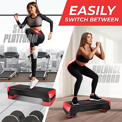 Yes4All 2-in-1 Adjustable Aerobic Step Platform Fitness Exercise Stepper with Rocker Balance Board Legs for Home Workout, Step Exercise & Balance Training - color: C. Red
