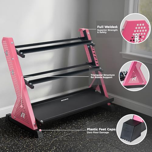 RitFit Rubber Hex Dumbbell Set with 3-Tier Dumbbell Rack,350-780LB Hand Weight Set with Anti-Slip Grip,1000LB Capacity Heavy Duty Steel Weight Storage Rack for Home Gym - color: Pink