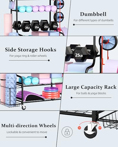Mythinglogic Home Gym Storage Rack with Wheels for Dumbbells and Yoga Mats | Versatile storage with shelves, hooks and side holders for kettlebells, foam rollers, bands, weight plates and gym gear - color: New Black