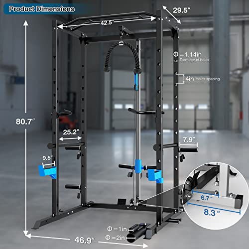 ULTRA FUEGO Power Cage, Multi-Functional Power Rack with J-Hooks, Dip Handles, Landmine Attachment and Optional Cable Pulley System for Home Gym - size: Power Cage with Pulley System and Olympic Bar