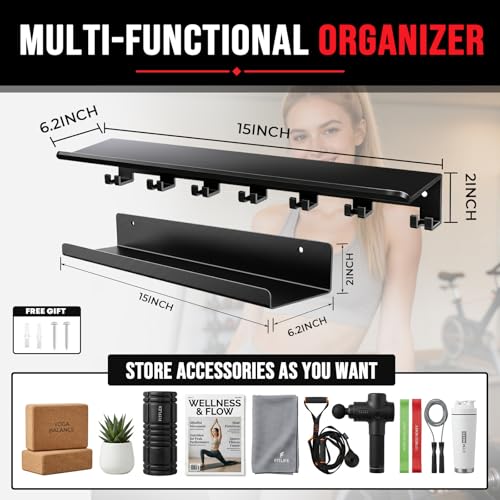 2-Tier Home Gym Floating Shelf Compatible with Tonal Accessories, Heavy Duty Wall Mount Workout Storage Rack & Organizer Holder with 7 T-Lock Hooks for Smart Handles, Bar and Rope - size: 2-Tier