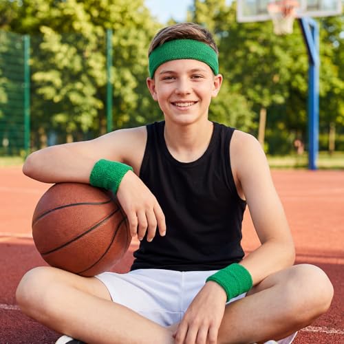 Sucrain 3 Pieces Sweatbands Set, 1 Pieces Sports Headband and 2 Pieces Wristbands,Wicking Sweat Head Band for Youth Womens Men - color: Green