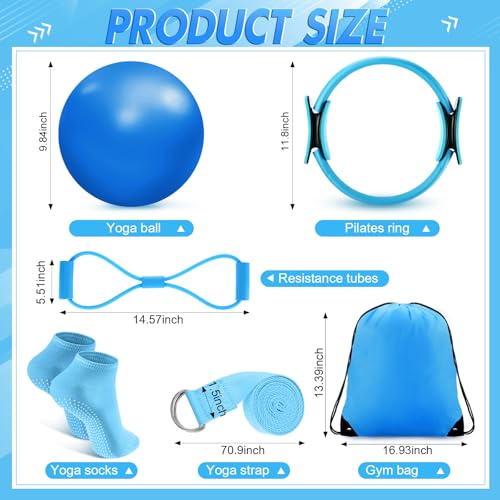 Poen 18 Pcs Home Pilates Kit for Women Pilates Ball and Ring Circle Set Yoga Fitness Essential with 5 Resistance Band Stretching Strap Non Slip Sock Ball Core Slider Wristband Headband Gym Bag - color: Blue