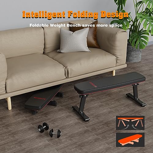 Weight Bench Folding Workout Bench with Carrying Handle Flat Home Training Multiuse Fitness Bench - color: Red