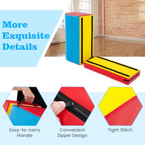 Goplus Mailbox Tumbling Mat, Gymnastics Vaulting Box w/Detachable Mat, Carrying Handle, Premium PU Leather, Portable Jumping Tumbling Aid Trainer for Kids Home Gyms Exercise - color: Red+Navy Blue