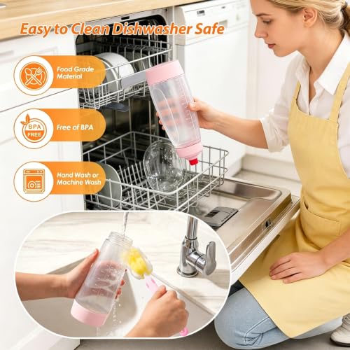 Pancake Batter Dispenser Bottle Kit with 7 Accessories, 1000ml Silicone Squeeze Pancake Mixer Bottle with Whisk Ball and Stand Base, Pancake Shaker Bottles for Cupcakes Muffins Waffle (2pack) Pink - color: Pink
