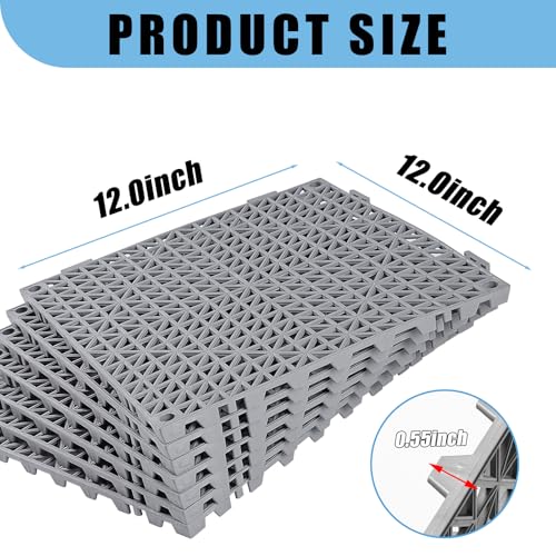 12” x 12” Drainage Interlocking Floor Tiles, 12 Pack Non-Slip Pool Deck Drain Mats for Flooring, Soft PVC Splicing Modular Cushion Mats, Rubber Floor Tiles with Holes for Shower Basement Garage Shed - size: Grey