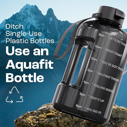 AQUAFIT Half Gallon Water Bottle with Motivational Quotes | BPA Free 64 oz Water Bottle with Straw and Chug Lids - Leakproof Gym Water Bottle with Carry Handle (Midnight Gray) - color: Midnight Gray, style: 64 oz - 2 Lids