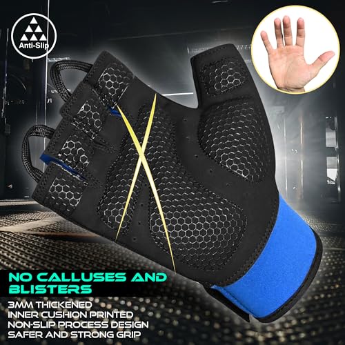 BEAST RAGE Workout Gloves for Men, Durable Palm Grip Gym Gloves Women Half Finger Elasticated Training Weight Lifting Strength Bodybuilding Anti Slip Cycling Gloves Exercise - color: Blue, size: Small