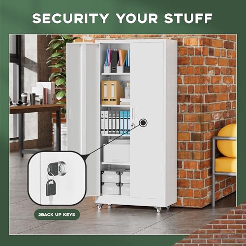 Greenvelly Metal Garage Storage Cabinet with 4 Swivel Wheels, 73" White Storage Cabinet on Wheels, Rolling Tool Cabinet with Locking Doors and Shelves for Garage, Basement, Home, Warehouse - color: White, size: 73 Inch