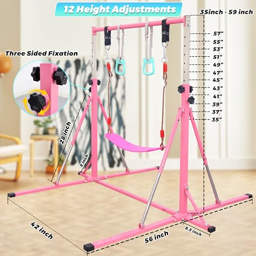 FC FUNCHEER Foldable Gymnastics Bar,5FT Horizontal bar,Adjustable Kids Training bar for Kids Ages 3-15,Kids Gymnastics bar,Triangle Stable Structure-Gym Equipment for Home - color: Pink, style: Bar-Swing-Rings