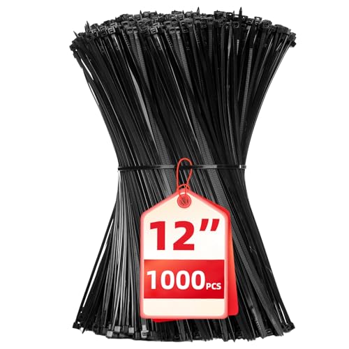 Zip Ties 12 inch, 1000 Pack Black Zip Ties, Self-Locking Nylon Cable Ties with 50 lb Tensile Strength,Wire Ties for indoor and outdoor use. - color: Black, size: 12"(1000 Pack) 50 Lb