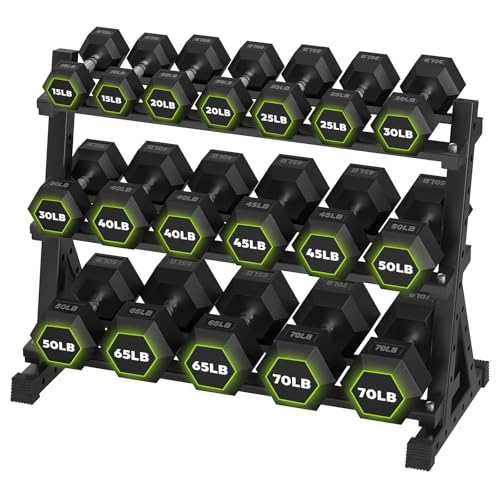 HANDBODE Rubber Coated Hex Dumbbell Set with Rack, 300-840 lb | Fixed Weights Sets with Heavy Duty Storage Stand, Multiple Weight Options Home Gym Equipment for Strength Training - style: 720 lb Set (15-70 lb) with Rack