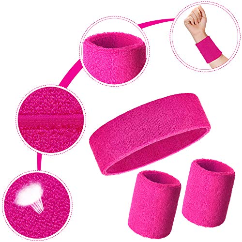 Bememo 6 Pcs Neon Sports Sweatbands Set Sports Competitions Sweatbands 2 Headband 4 Wristbands Breathable Terry Cloth Athletic Bands for Team Soccer Spirit 80s Costumes Cosplay - color: Hot Pink