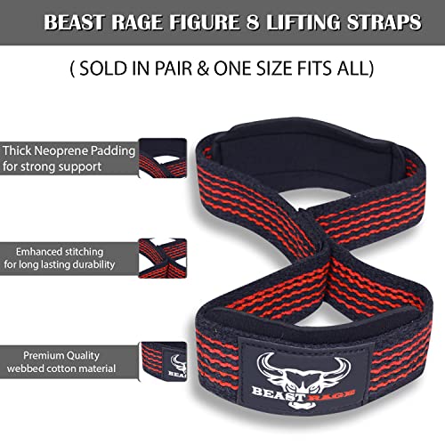 BEAST RAGE Heavy Duty Lifting Wrist Straps for Weightlifting, Figure 8 Loop Powerlifting Deadlift Strap Wraps Weights Padded Support Professional Fitness Gym Bodybuilding - color: Red