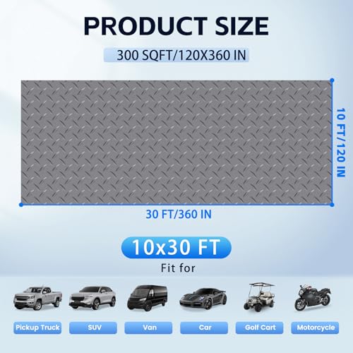 StellarStar 10x30 FT Garage Floor Mat, 2.8mm Thickened PVC Flooring Roll for Under Car, 300 SQFT Diamond Plate Gray Garage Mats for Garage, Warehouse, Basement, Factory, Trailer (Include Tapes) - color: Gray, size: 10x30 FT