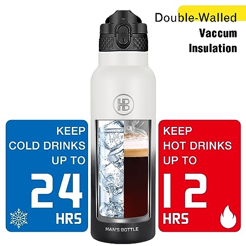 Han's Bottle Sports Water Bottle - 24 Oz, Straw Lid, Leak Proof, Vacuum Insulated Stainless Steel, Double Walled, Thermo Mug,White & Black - color: White & Black, size: 24 Ounces