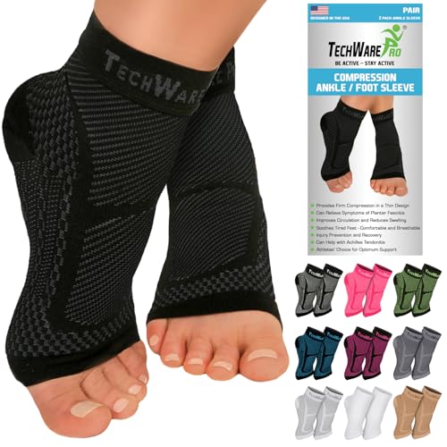 TechWare Pro Ankle Brace Compression Sleeve - Plantar Fasciitis Sock. Relieves Achilles Tendonitis. Foot Arch Support Reduces Joint Pain, Swelling & Heel Spur Pain. Injury Recovery Braces for Sports - color: Black/Black, size: L / XL (see size chart)