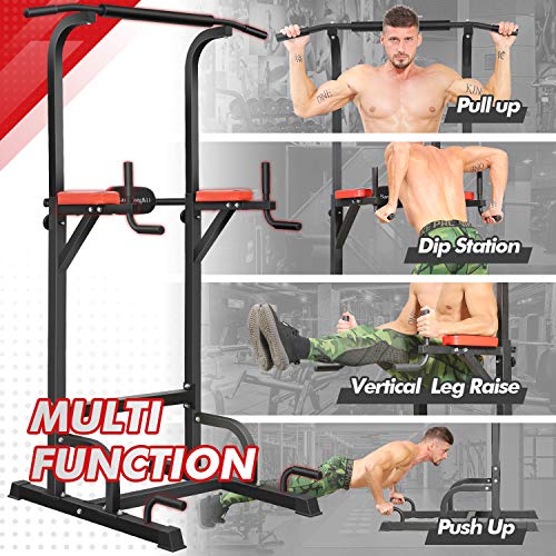 BangTong&Li Power Tower, Pull Up Bar Dip Station/Stand for Home Gym Strength Training Workout Equipment - color: black+red