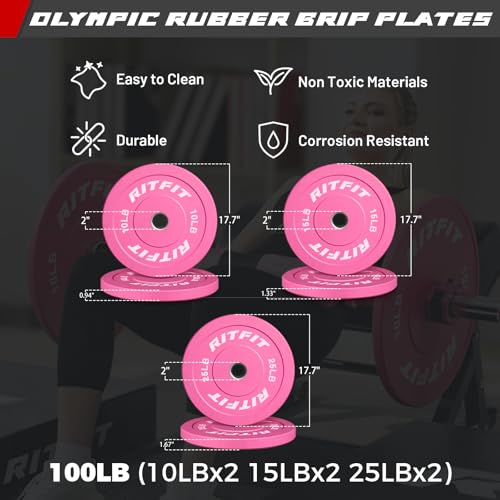 RitFit Barbell Weight Set - 4/6FT Olympic Barbell with Weight Plates (55-115LB Total) - Weightlifting Equipment for Squats, Curls, Deadlifts, Presses, Hip Thrusts - color: Pink, size: 4FT Bar with 100LB Plates (120LB Total)