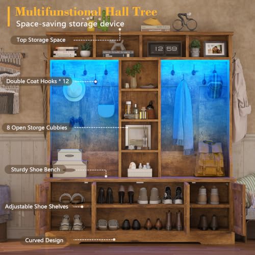CSZZD Hall Tree with Bench and Shoe Storage, Farmhouse Entryway Bench with Coat Racks and Led Lights, Large Hall Tree with 12 Coat Hooks, 8 Storage Cubbies, Adjustable Shelf - color: Rustic Brown, size: 59.1"