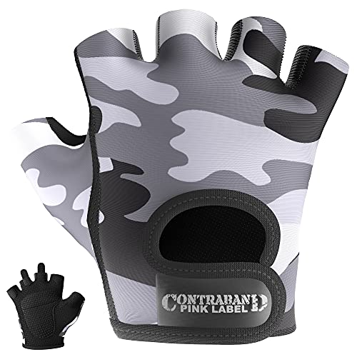 Contraband Pink Label 5217 Women's Design Series Camo Print Lifting and Rowing Gloves (Pair) - Lightweight Vegan Medium Padded Microfiber Amara Leather w/Griplock Silicone - color: Gray, size: Small