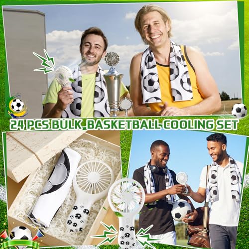 Woanger 24 Pcs Soccer Cooling Towels and Fans Sets Mini Handheld Fans Bulk 3 Speeds USB Lash Towel for Soccer Gifts for Sporting Team Games Party Favor - style: Soccer