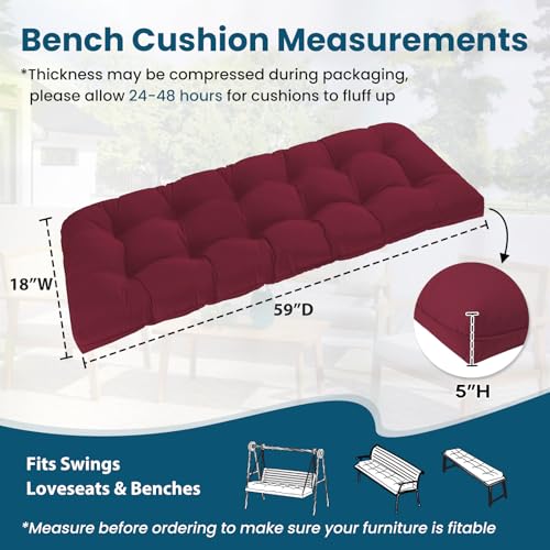 Tufted Bench Cushions for Outdoor Furniture, 59" x 18" Porch Swing Cushions Filled with Foam, Overstuffed Patio Cushions for Bench Loveseat with 2-3 Seats,Thick and Water Resistant, Burgundy - color: Burgundy, size: 59" x 18" x 5"