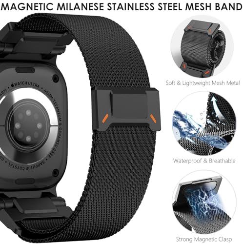 WINGLE Milanese Loop for Apple Watch Band Ultra 3/2/1 Band Ultra 49mm Series 11 10 46mm 45mm 44mm SE 3/2/1 Series 9 8 7 6 5 4 3 Men Women,Parachute-Style Buckle Stainless Steel Mesh Metal iWatch Bands - color: Magnetic Metal Mesh Loop-Black