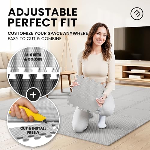 bemaxx Gym Mats Set - 18 pcs EVA Interlocking Foam Floor Tiles (12.6"x12.6"x0.4") 18sqft Protective Gym Flooring Sports Home Workout Exercise Mats Puzzle Garage Fitness Play-Room Pool Treadmill Bike - color: Grey, size: 18 Tiles | 18 sq ft