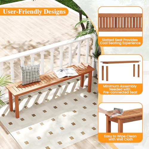 Tangkula Outdoor Wood Bench, 59” Long Patio Dining Bench, Backless Wooden Bench with Teak Oil Finish & Slat Seat, Accent Entryway Bench, Farmhouse Bench for Yard, Garden, Porch, Indoors - size: 59"