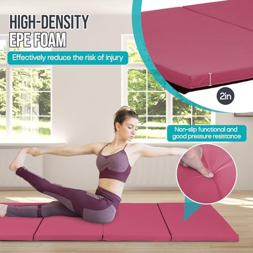 Gymnastics Mat - Tumbling & Exercise - 4 Folding - Indoor/Outdoor - Extra Thick - High Density - Yoga & Arts - color: BURGUNDY