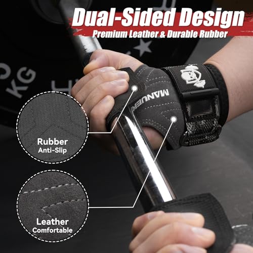 MANUEKLEAR Gym Straps Weight Lifting, Double Leather Lifting Straps for Men Deadlift with Cushion Wrist Loop, Gym Lifting Wrist Wraps for Weightlifting - color: Size S - Gray