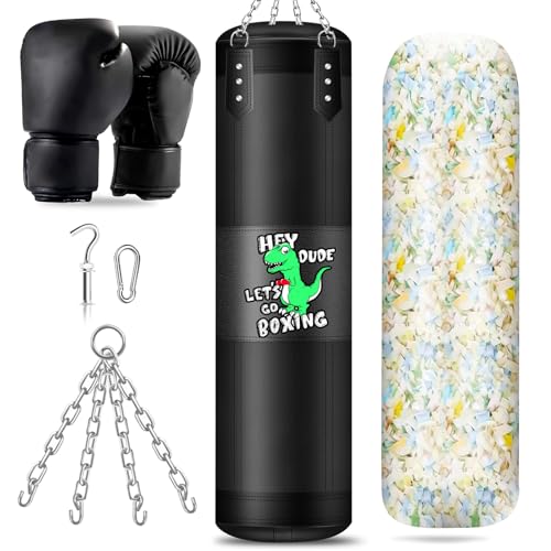 Kids Punching Bag Set, 2.75ft Filled Heavy Bag Kickboxing Bag with 2KG Sponge & 6oz Gloves, Hanging Boxing Bag for Kids Youth Boxing, MMA, Muay Thai, Karate, Martial Art, Home Gym Training - style: Dinosaurs