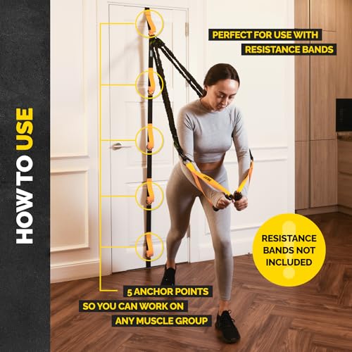 Door Anchor Strap for Resistance Bands with 5 Loops and Metal D-Rings | Fits most doors and resistance bands, 5 anchor points, reinforced nylon, tool-free setup, full-body workout versatility - color: Yellow Door Strap