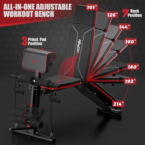 GIKPAL Adjustable Weight Bench - Workout Bench Press for Home Gym, Foldable Incline Decline Sit up Exercise Bench for Full Body Strength Training w/Leg Extension and Preacher Pad - color: Black - Glossy